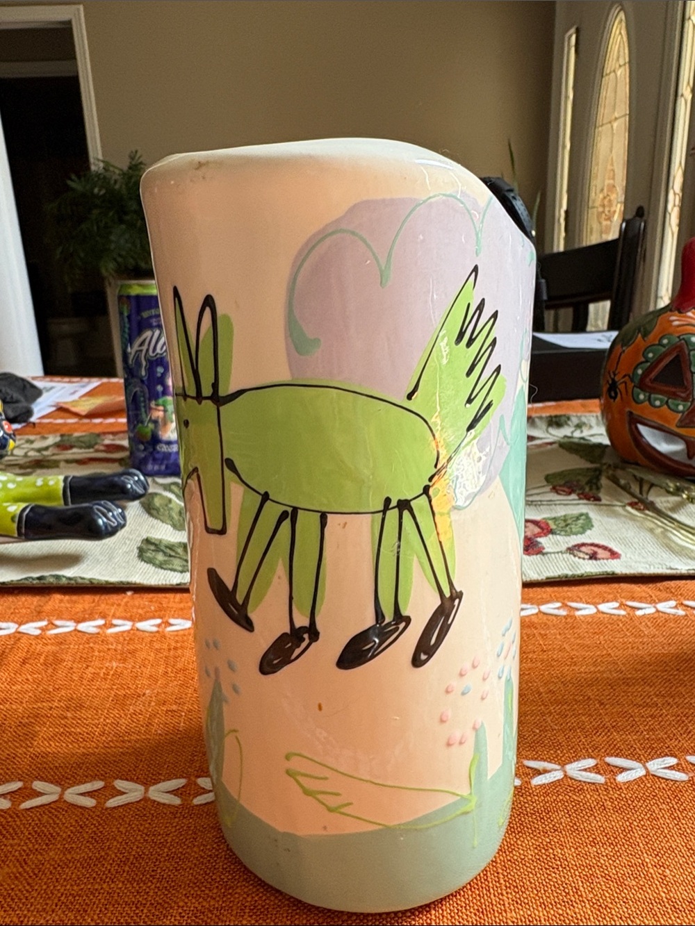 Hand-Painted Pink and Green Ceramic Decorative Vase
